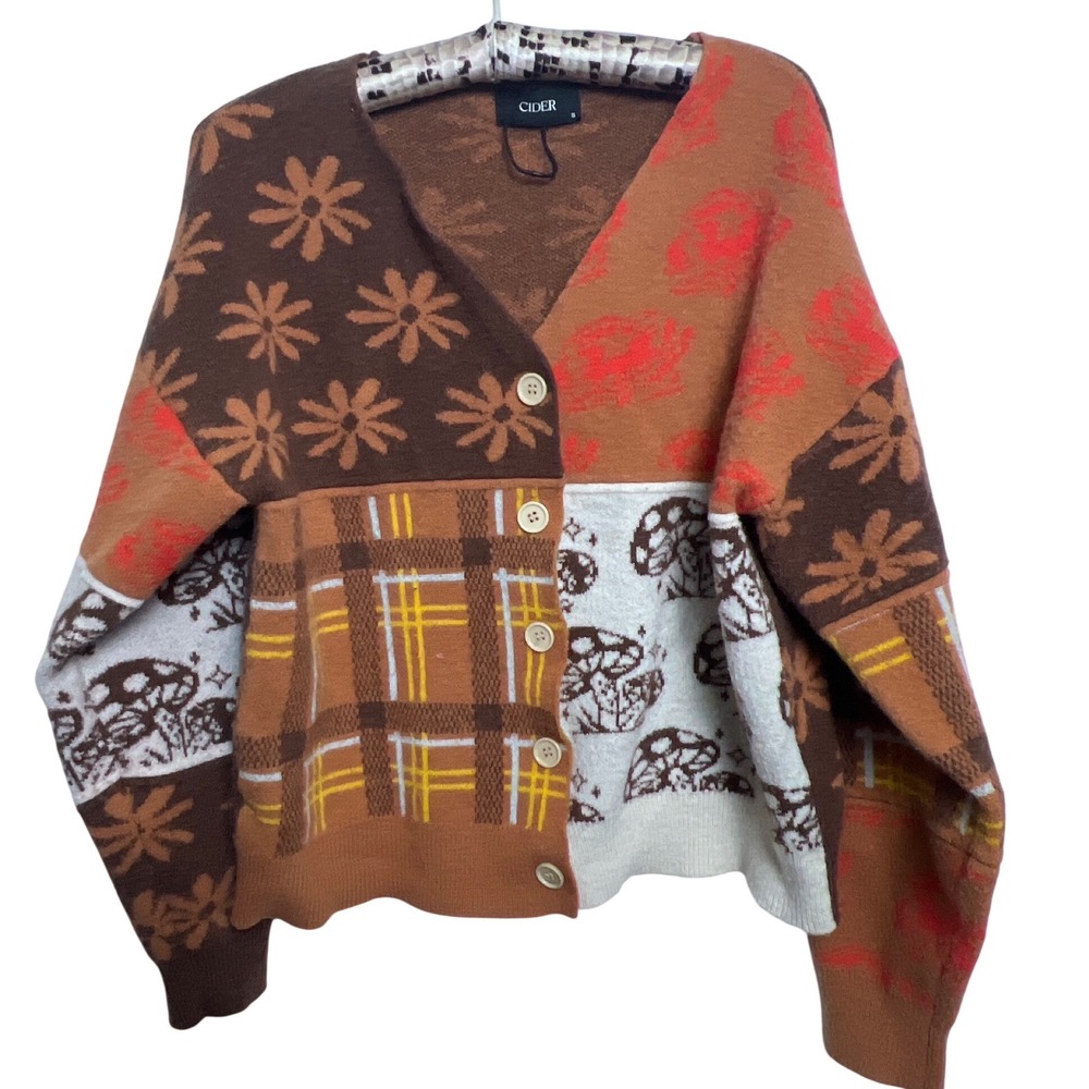 CIDER Patchwork Knit Cardigan Mushroom Floral Plaid Brown Orange‎ Women's Small